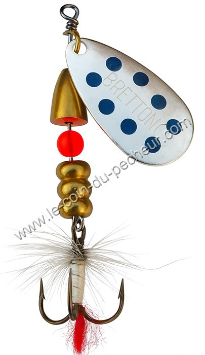 Cuiller tournante BRETTON Argent points bleus mouche rouge